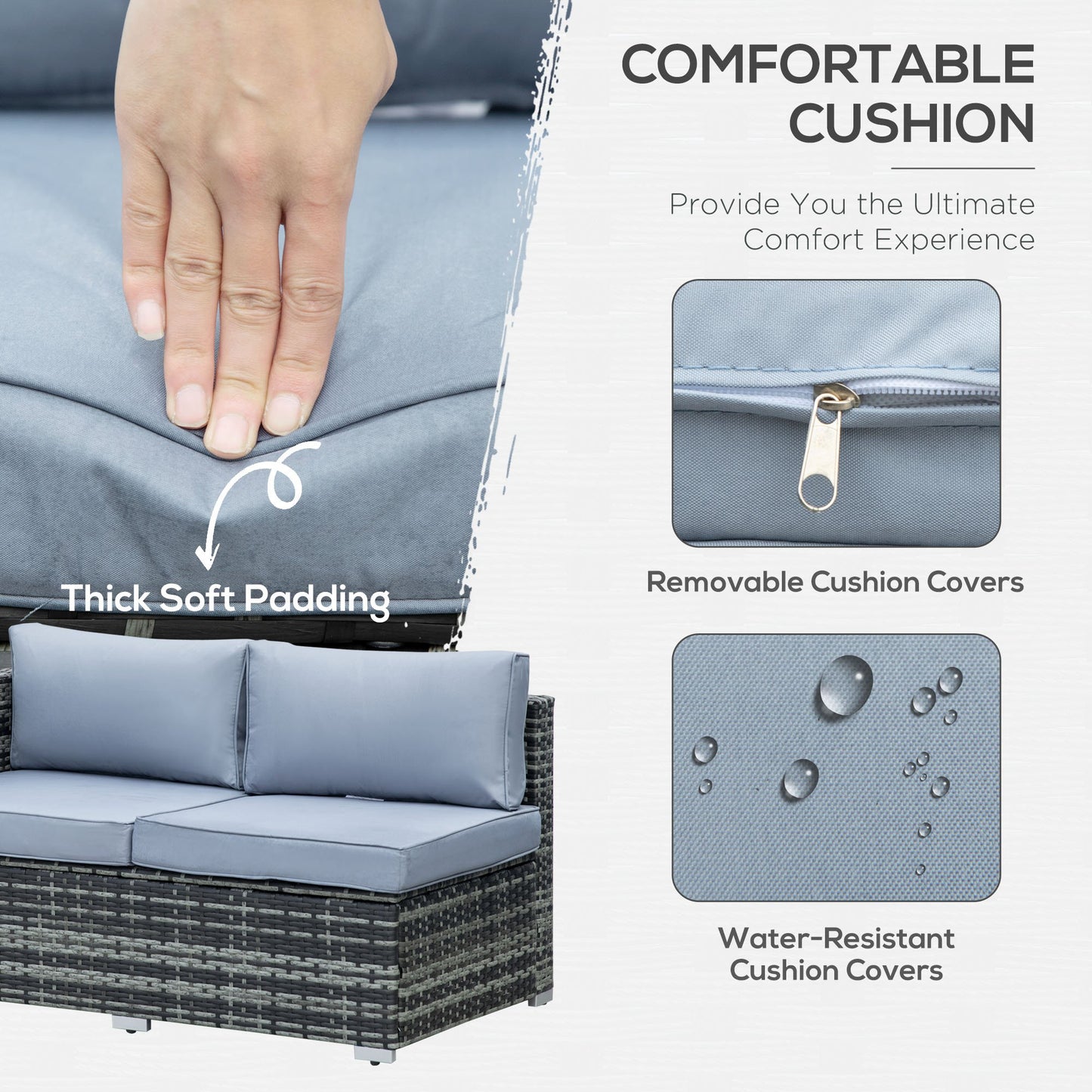 Four-Piece Rattan Sofa Set with 11 Cushions, Steal Frame - Grey