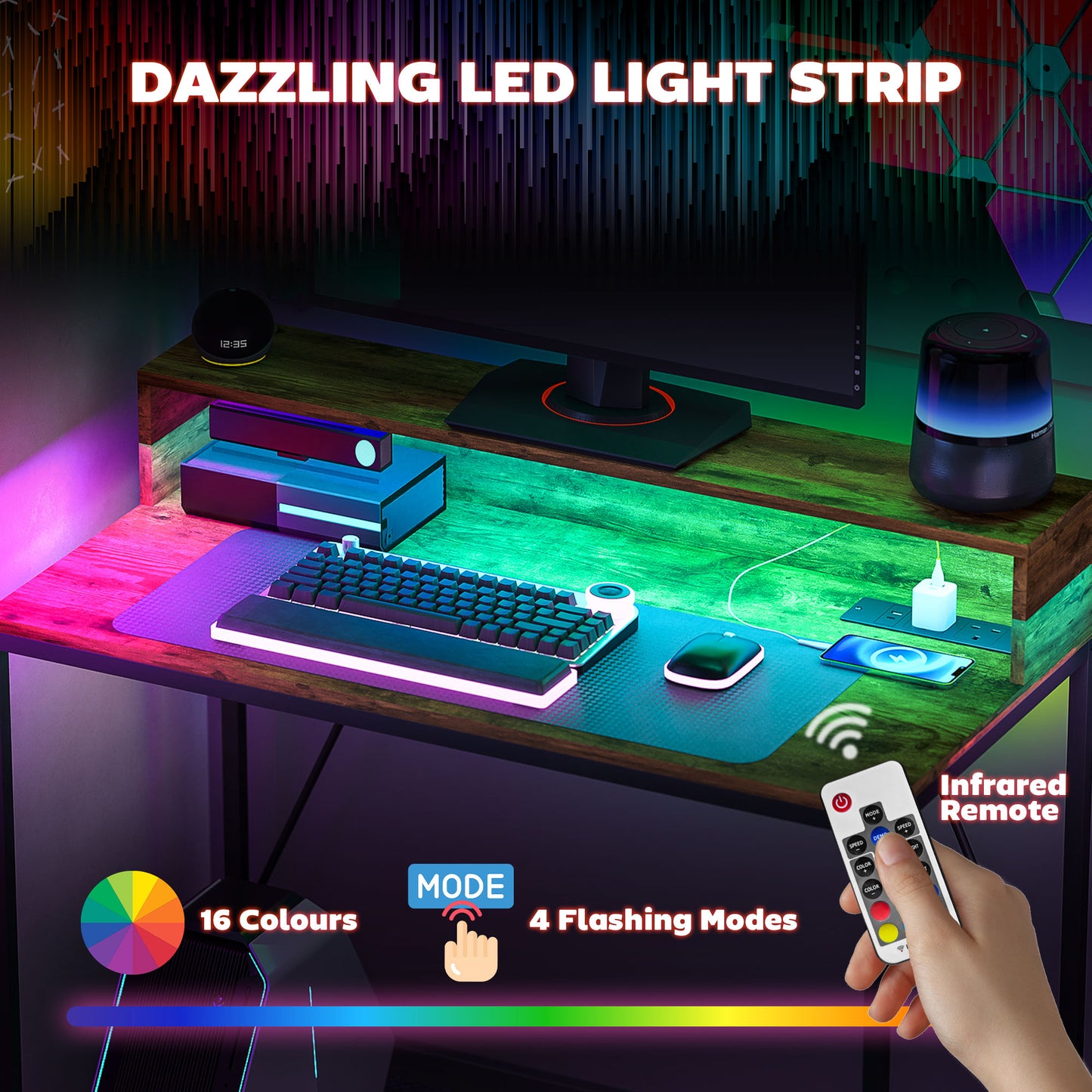 100cm Computer Desk with LED Lights and Power Outlets, Gaming Desk with Monitor Stand, Computer Table