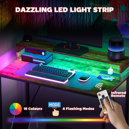 100cm Computer Desk with LED Lights and Power Outlets, Gaming Desk with Monitor Stand, Computer Table