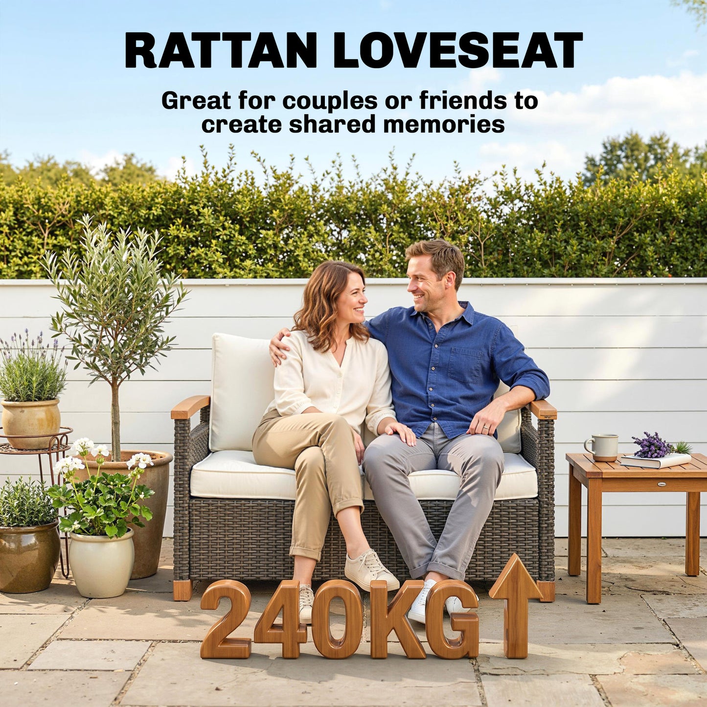 2 Seater Rattan Garden Sofa, Outdoor Sofa with Thickened Cushions and Acacia Wood Armrests, Brown