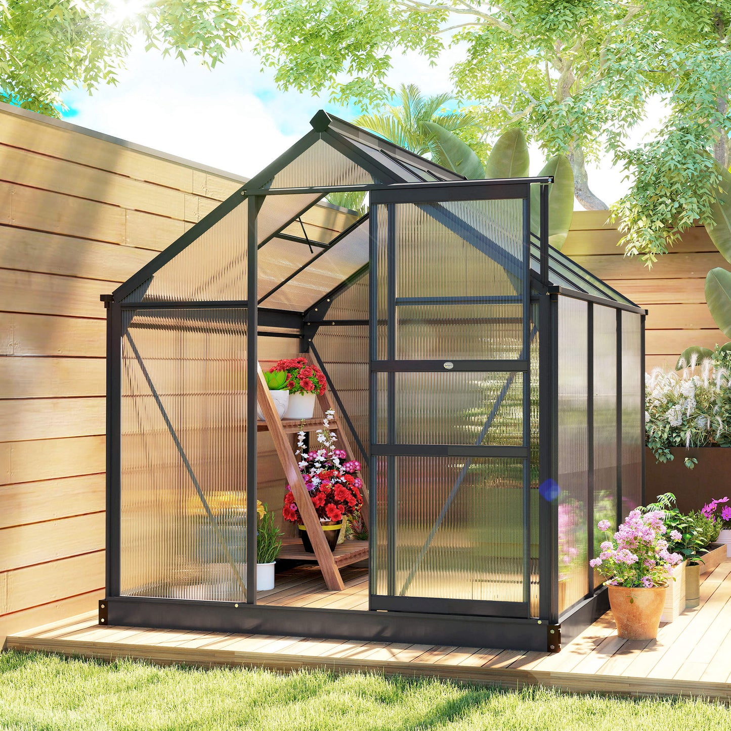 6 x 6ft Polycarbonate Greenhouse, Large Walk in Green House with Slide Door and Window