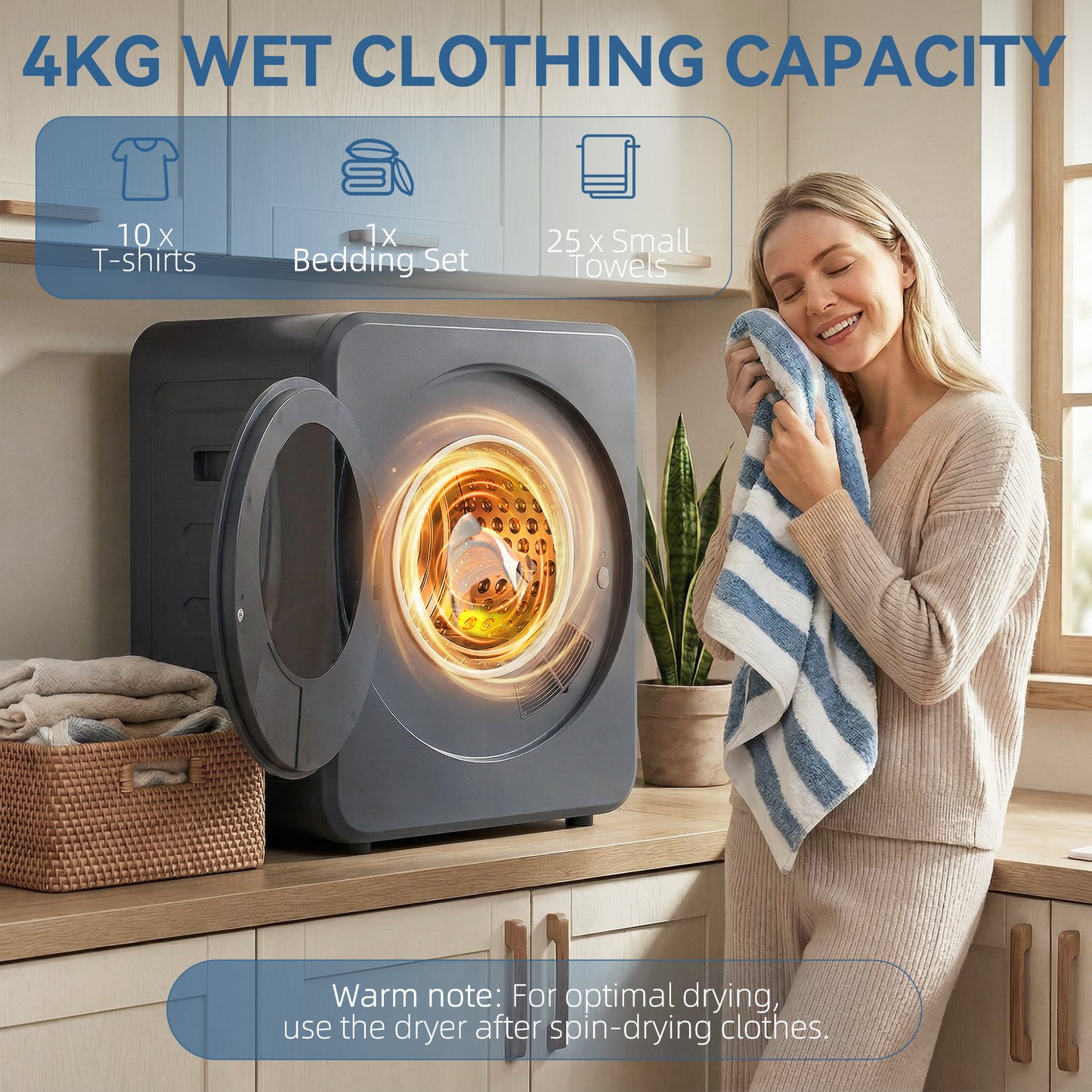 Vented Tumble Dryer, 4 kg Front Tumble Dryer with Stainless Steel Tub, 800W Compact Freestanding Grey