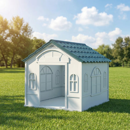 Plastic Weather-Resistant Dog House, for Indoors and Outdoors, Medium Dogs - White and Blue