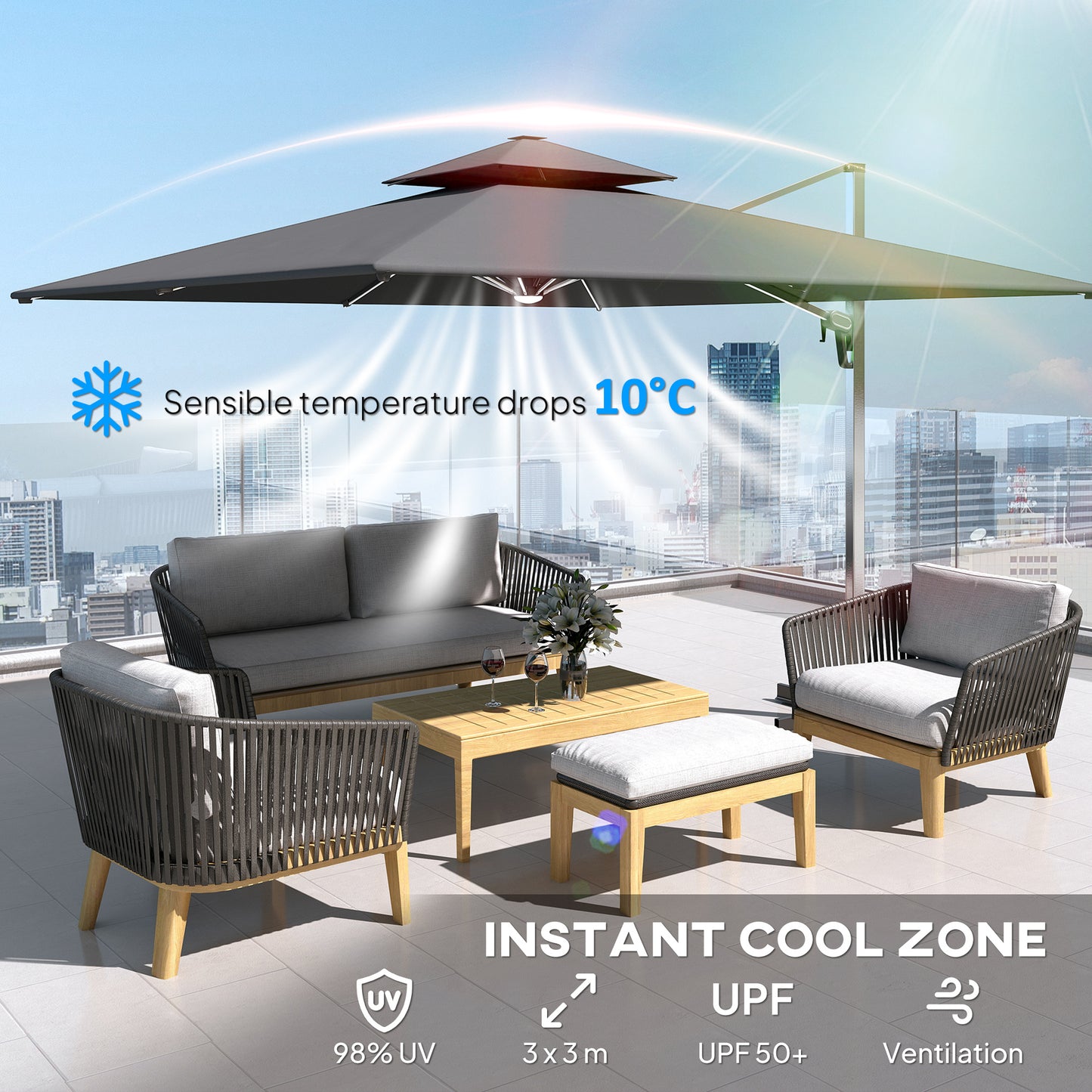 3(m) Garden Cantilever Parasol with Solar LED Lights, Cross Base, 360° Rotation, Crank Handle and Tilt, Grey