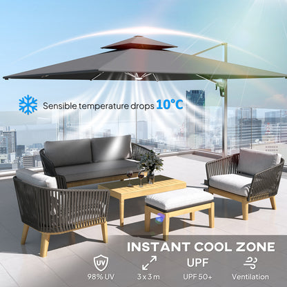 3(m) Garden Cantilever Parasol with Solar LED Lights, Cross Base, 360° Rotation, Crank Handle and Tilt, Grey