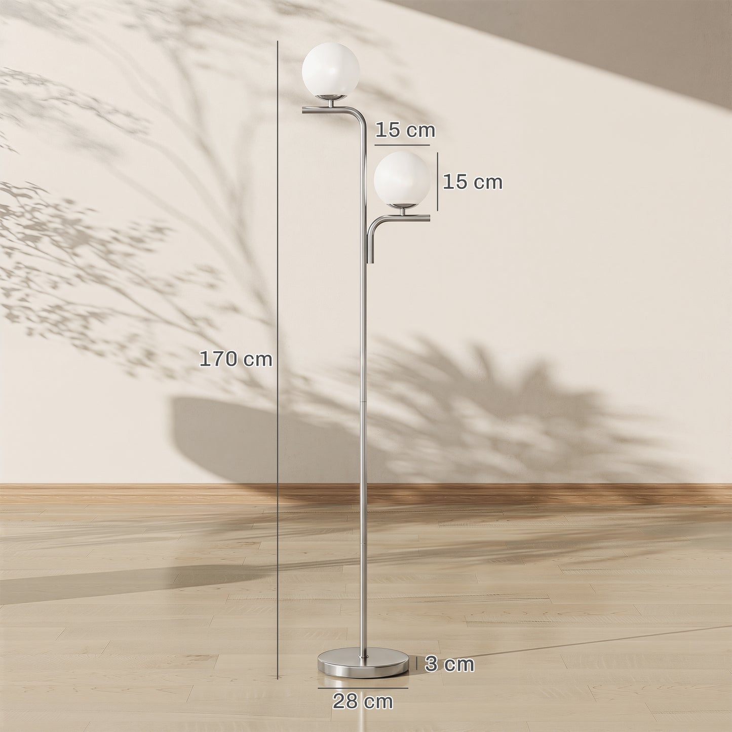 LED Floor Lamp, Modern Standing Lamp with 3 Colour Temperatures, Globe Glass Shades and Foot Switch, Silver Tone