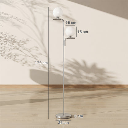 LED Floor Lamp, Modern Standing Lamp with 3 Colour Temperatures, Globe Glass Shades and Foot Switch, Silver Tone