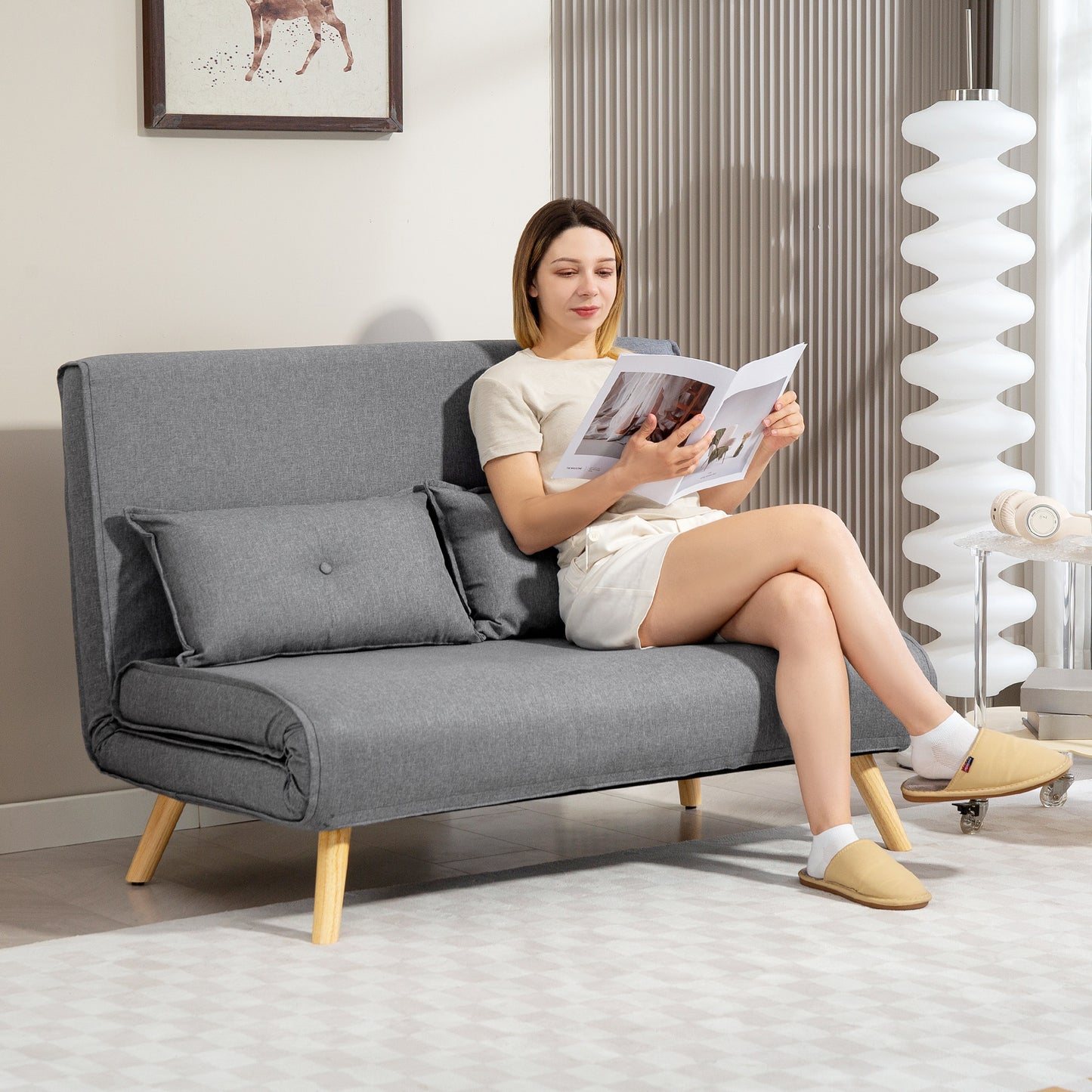 Two-Seater Linen-Look Sofa Bed - Grey