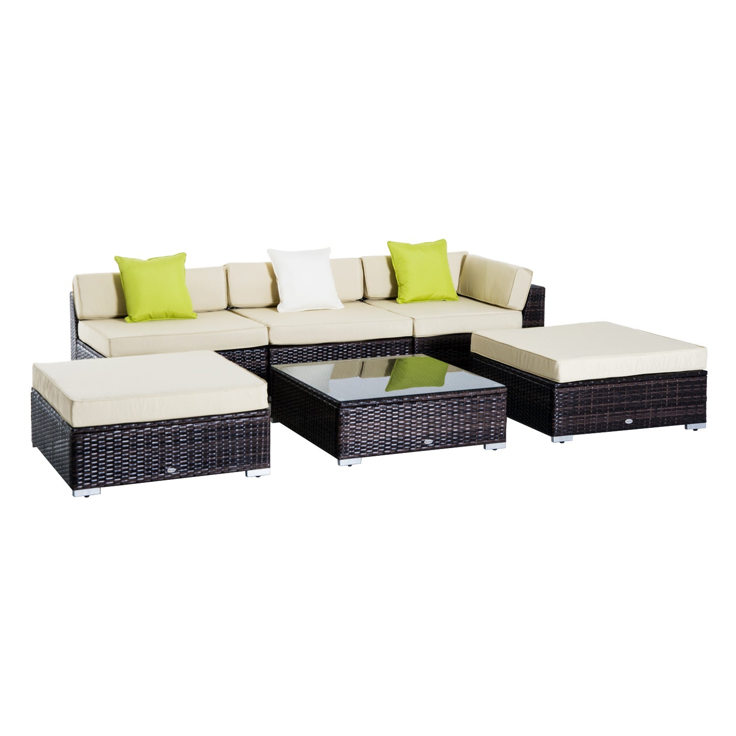 6 PC Rattan Sofa Coffee Table Set, Sectional Wicker Weave Furniture for Garden Outdoor Conservatory with Pillow Cushion