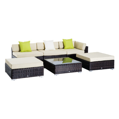 6 PC Rattan Sofa Coffee Table Set, Sectional Wicker Weave Furniture for Garden Outdoor Conservatory with Pillow Cushion