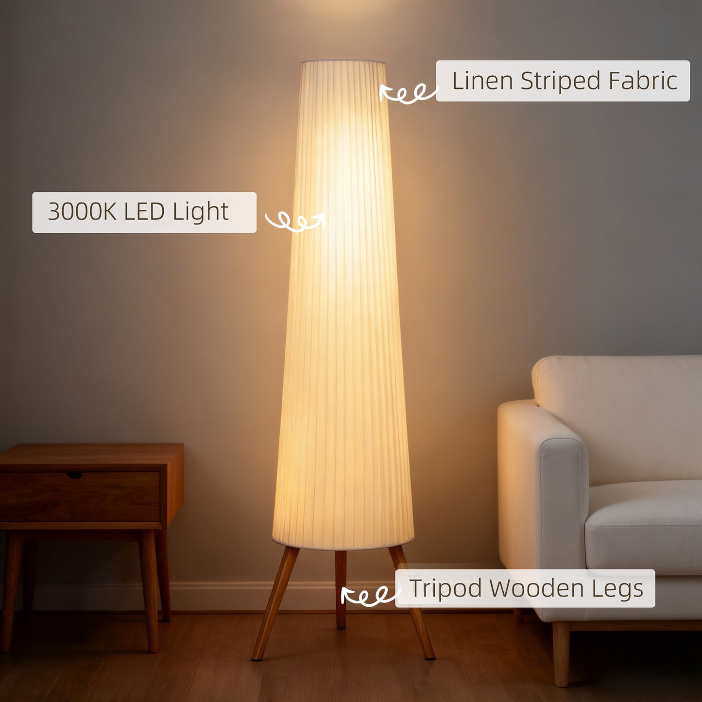 Dimmable Tripod Floor Lamp with Foot Switch, Nordic Standing Lamp with Fabric Shade, 153cm, White, White and Natural