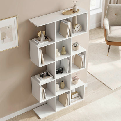 5-Tier Bookshelf, S Shaped Geometric Bookcase with 15 Compartments, White Wood Effect