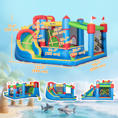 6 in 1 Kids Bouncy Castle, with Water Slide, Water Gun, Climbing Wall, Air Blower for Indoors/Outdoors, 3.9 x 3 x 2m