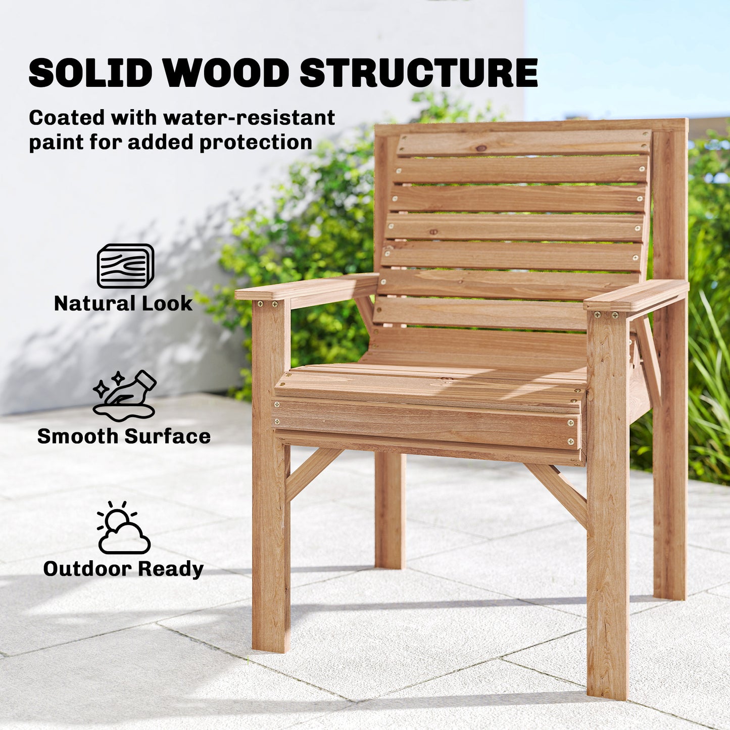 Wooden Garden Dining Chair, Outdoor Chair Garden Armchair with Curved Seat and Wide Armrests, Natural Wood Finish