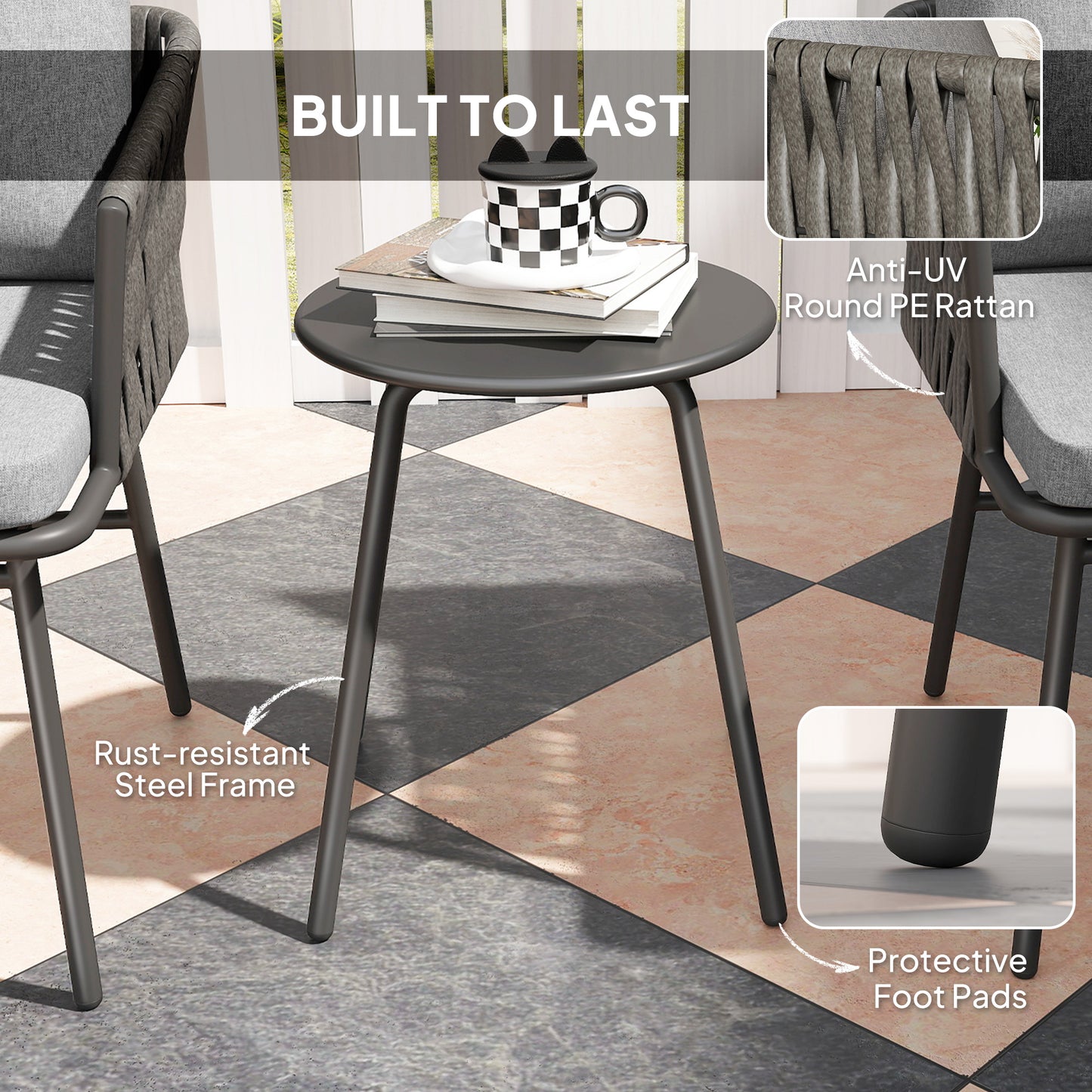 3-Piece Rattan Bistro Set, Garden Table and Chairs with 4 Cushions, Patio Rattan Conversation Furniture Set for Balcony