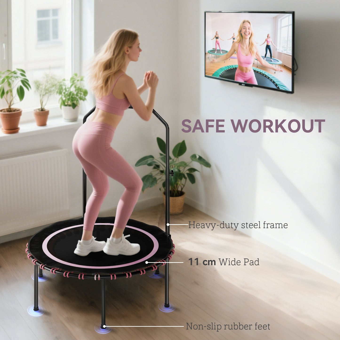40" Foldable Fitness Trampoline Rebounder with Handle, Pink