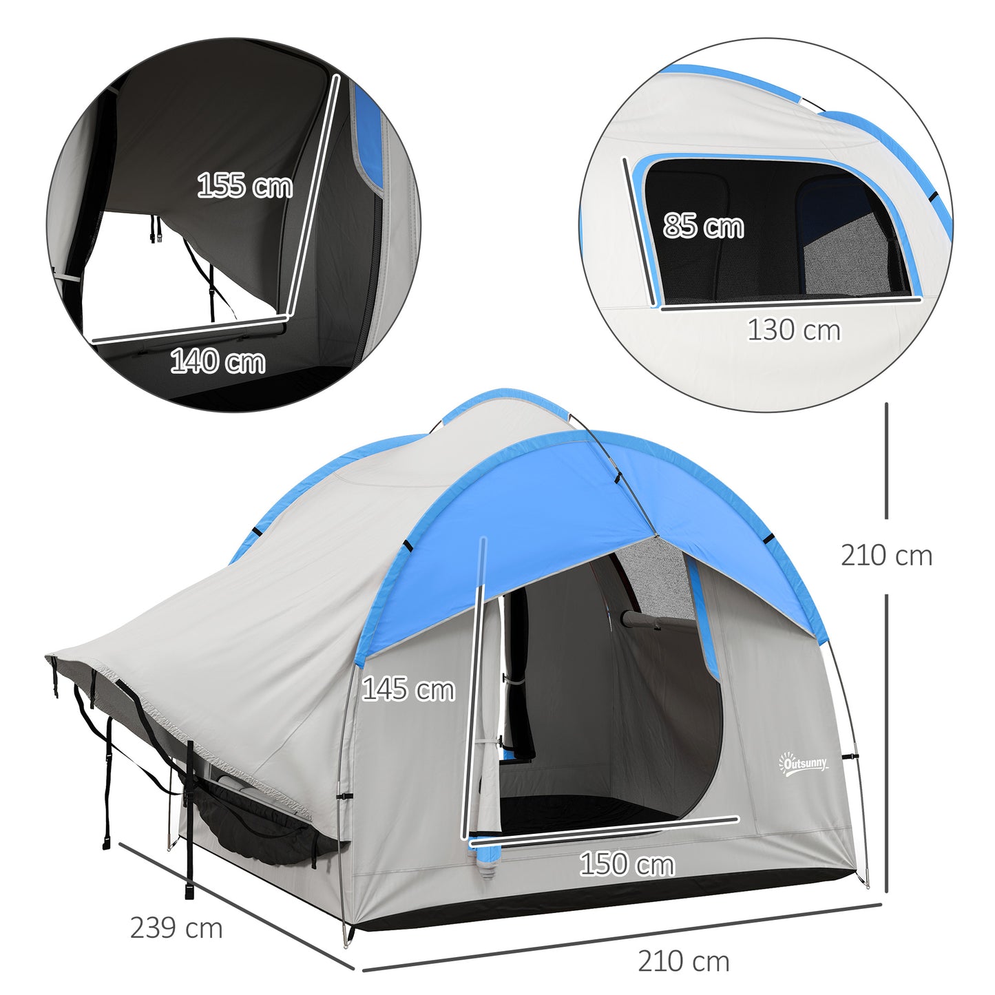 SUV Car Tent for Camping, Waterproof PU2000mm, 5 Man Tailgate Tent, 2.4 x 2.1 m, Grey and Blue