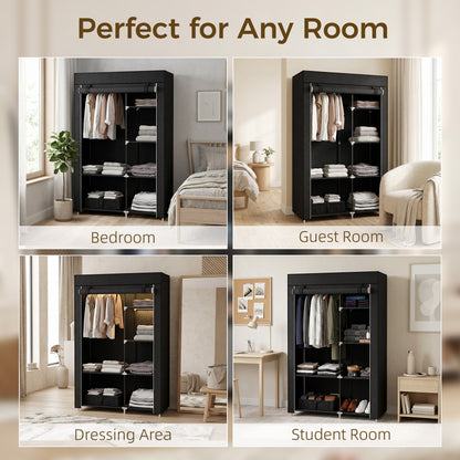 Fabric Wardrobe w/ Shelves Hanging Rail Foldable Wardrobe Black