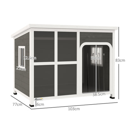 Wooden Outdoor Dog House, with Asphalt Openable Top, Removable Floor, Clear Front Panel, Curtain, 103 x 77 x 83cm