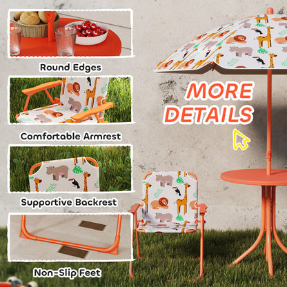 Kids Patio Set, Children Table and Chair Set, Outdoor Picnic Table with 2 Folding Chairs and Umbrella, Orange