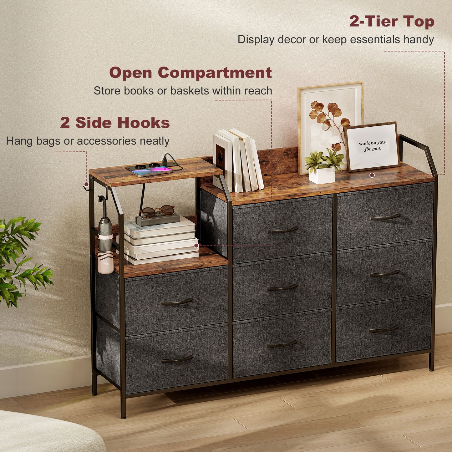 Chest of Eight Drawers, with Charging Station - Brown/Black