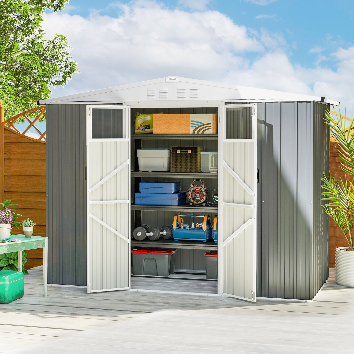 8 x 4 ft Metal Garden Shed, Garden Storage Shed with Window, 4 Vents and Lockable Door