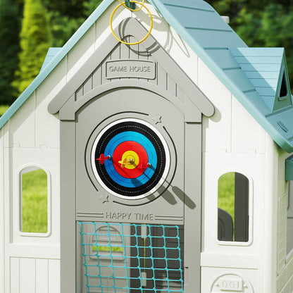5-in-1 Playhouse for Kids Outdoor Indoor with Basketball Hoop, Football Goal, Dartboard, Ring Toss for 2-5 Years, Beige