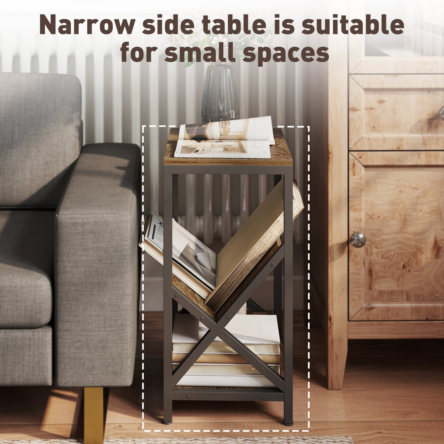 Narrow Side Table, End Table with 3-Tier Storage, V-Shaped Magazine Holder for Living Room, Bedroom, 40 x 30 x 61cm, Oak