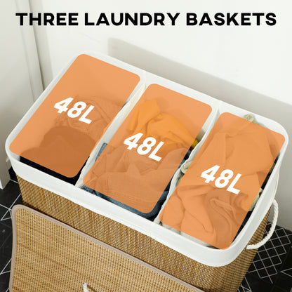 3 Section Laundry Basket with Lid, 144L Bamboo Laundry Hamper with Handles, Removable and Washable Liner, Brown