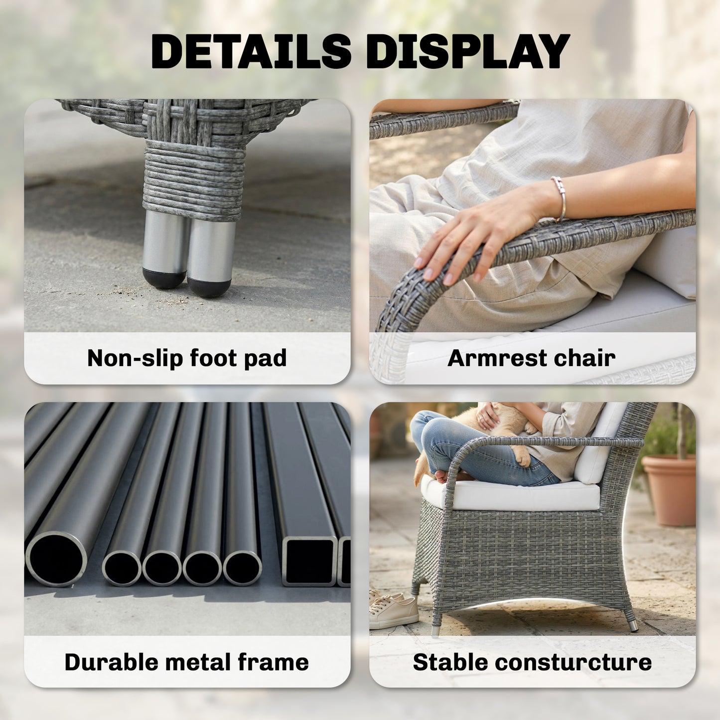 3 Pieces Rattan Bistro Set, Wicker Garden Furniture Set with Metal Frame, Cover, Glass Top Coffee Table, Light Grey