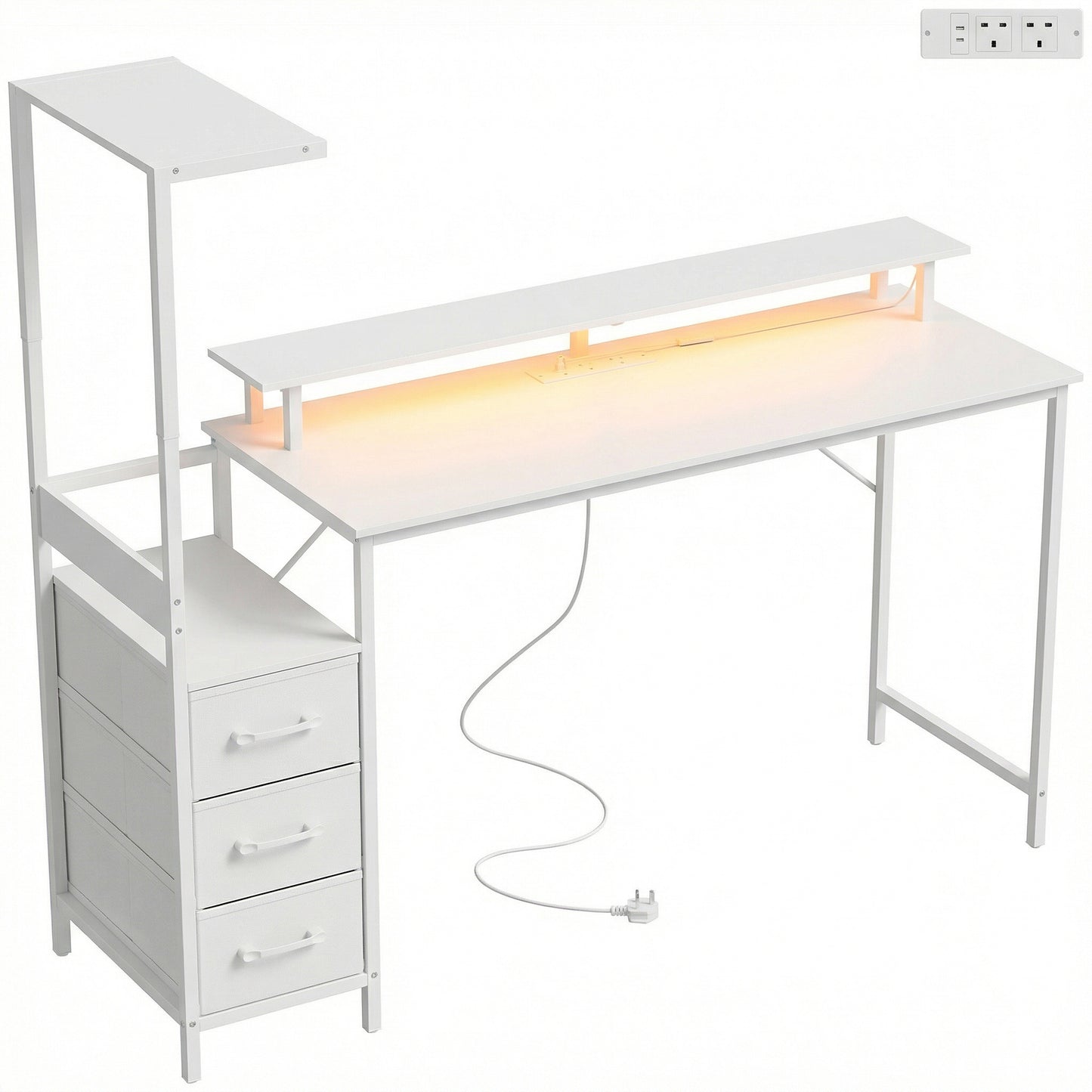 147cm Gaming Desk with Charging Station and Monitor Stand, Computer Table for Home Office with RGB Lights, White