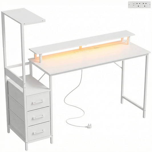 147cm Gaming Desk with Charging Station and Monitor Stand, Computer Table for Home Office with RGB Lights, White