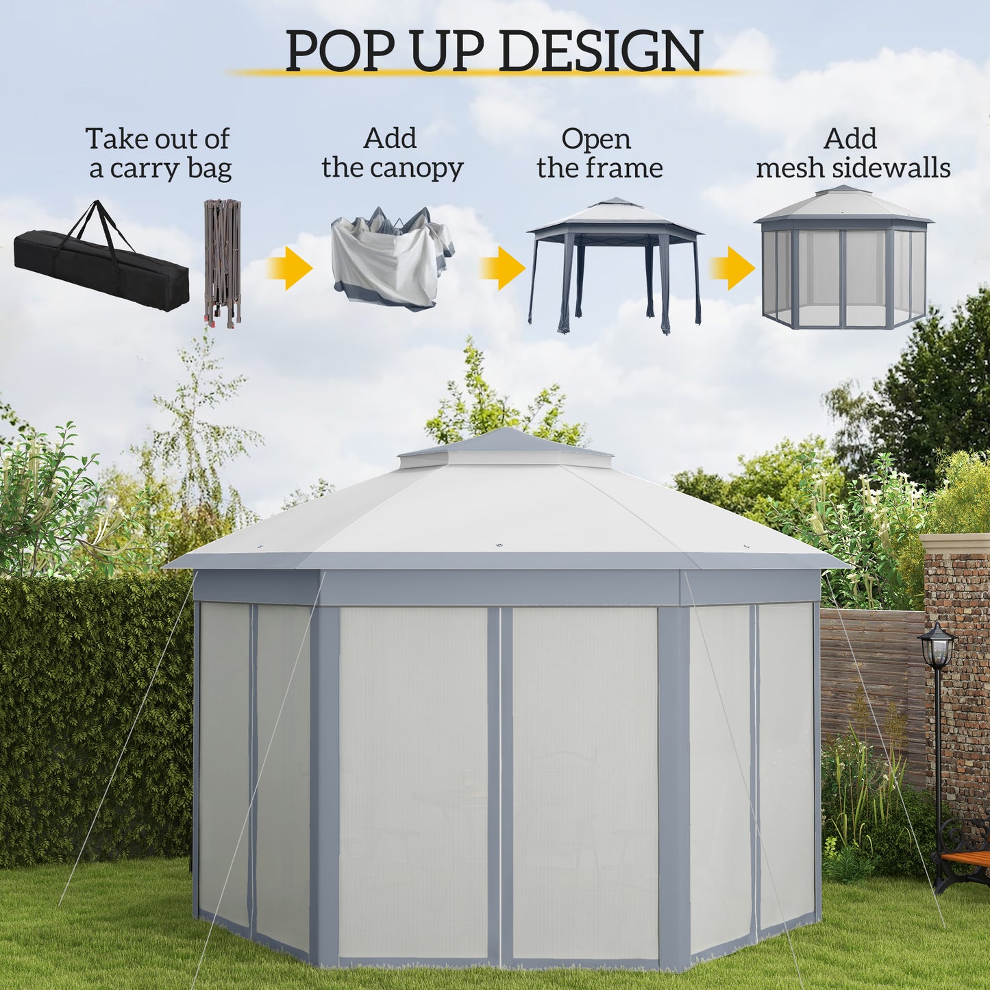 3 x 4m Metal Frame Hexagon Gazebo with UV-resistance Roof and Mesh Curtains - Grey