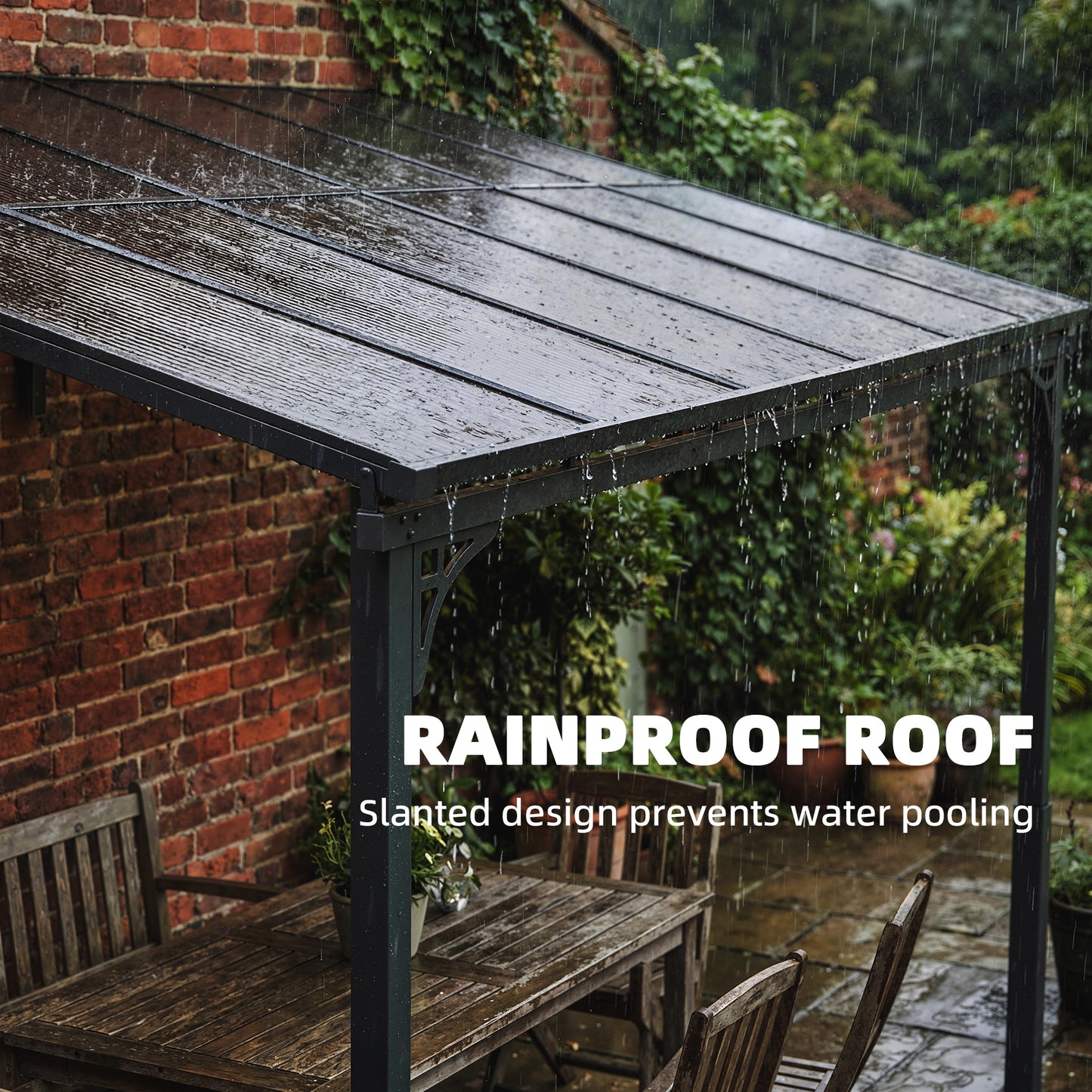 3.4 x 3 m Metal Lean-to Pergola, Wall-Mounted Garden Pergola with Polycarbonate Roof and Metal-Aluminium Frame