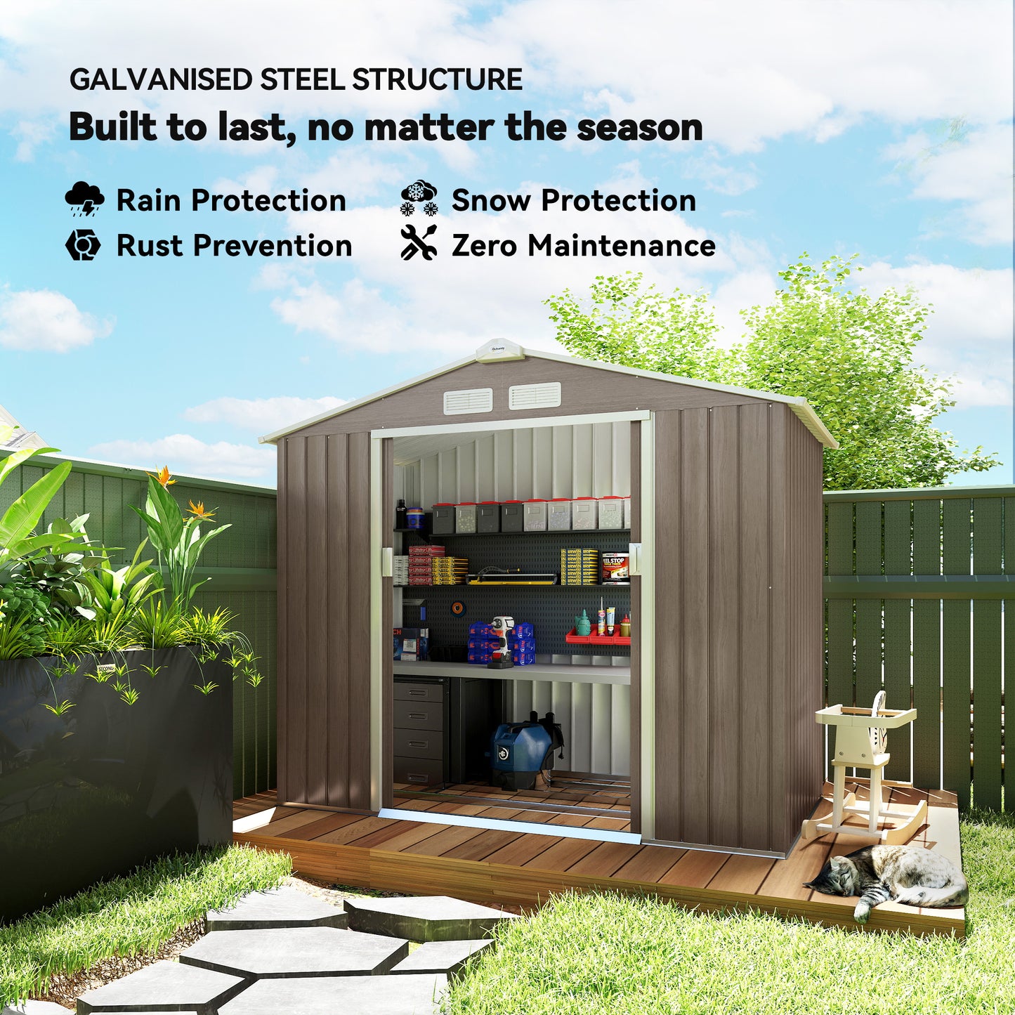 7 x 4ft Metal Garden Storage Shed with Vents, Floor Foundation Kit and Lockable Double Doors, Light Brown