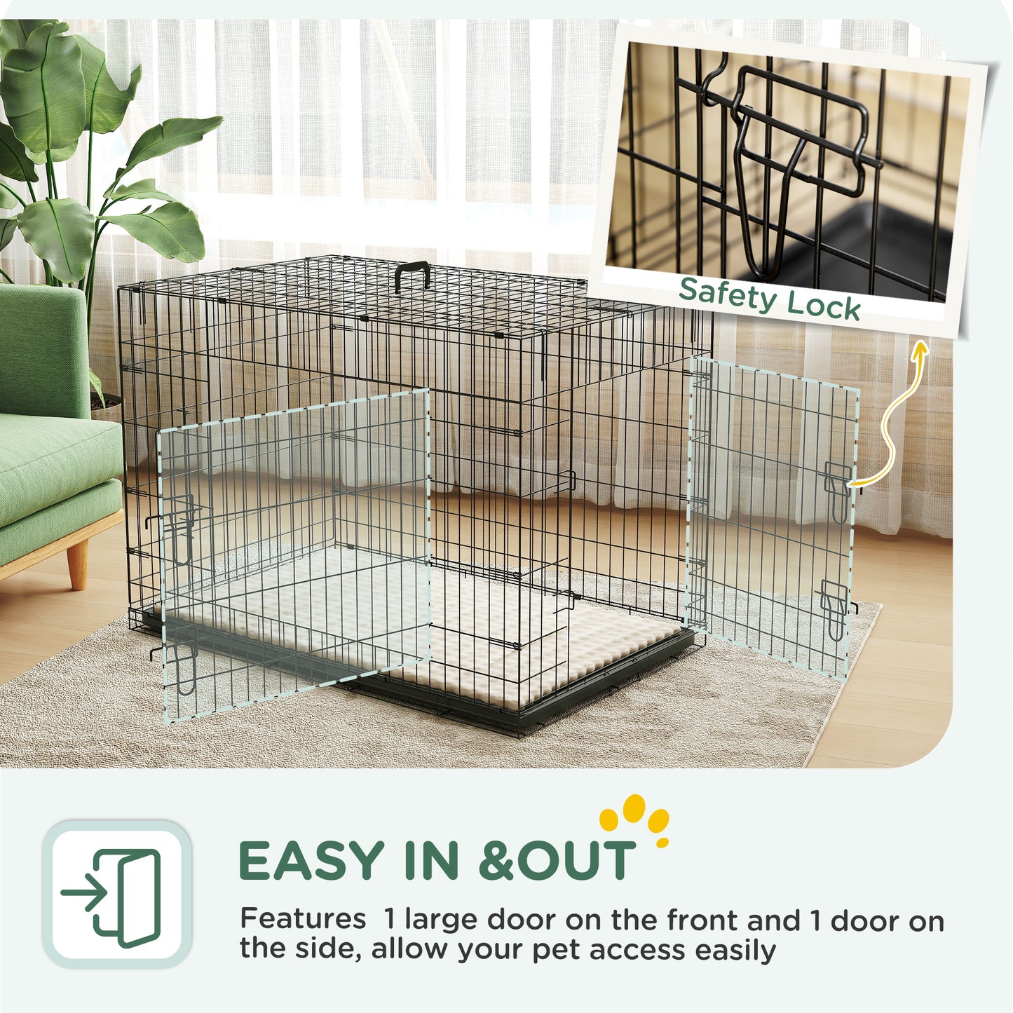Foldable Dog Crate with 2 Doors with Tray, Soft Cushion, for Extra and Large Dogs, 106 x 71.5 x 76 cm, Black