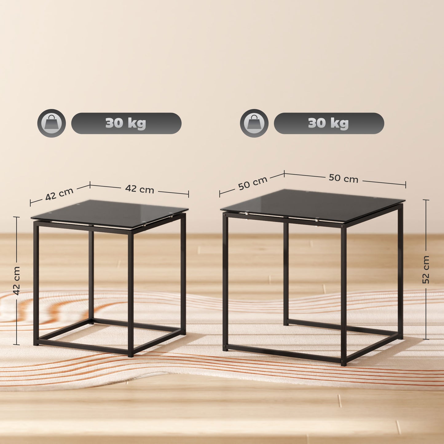 Nest of Tables, Set of 2 Coffee Table, Side Tables with Tempered Glass Desktop and Metal Frame for Living Room, Bedroom