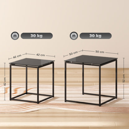 Nest of Tables, Set of 2 Coffee Table, Side Tables with Tempered Glass Desktop and Metal Frame for Living Room, Bedroom