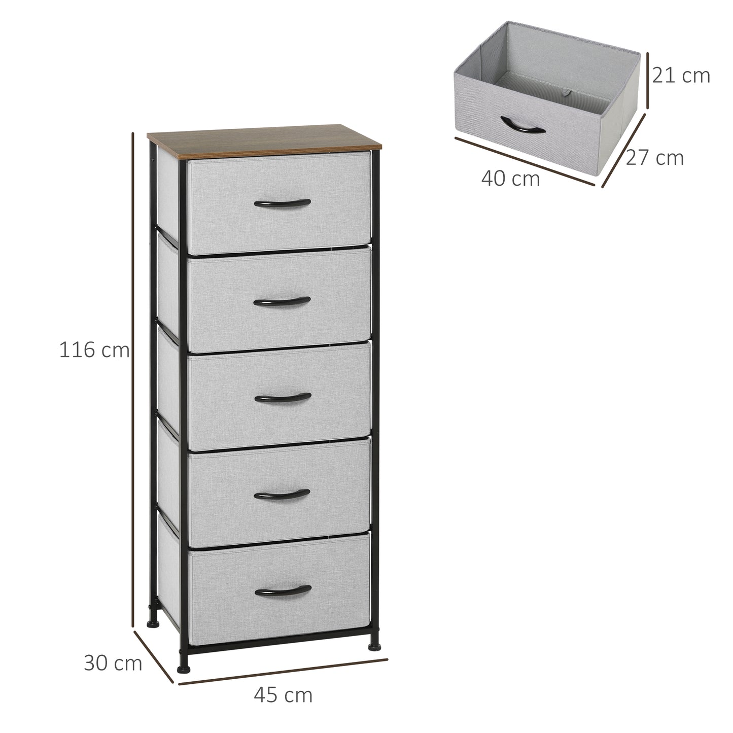 Fabric Chest of Drawers, Industrial Bedroom Dresser with 5 Fabric Drawers, Steel Frame and Wooden Top for Nursery