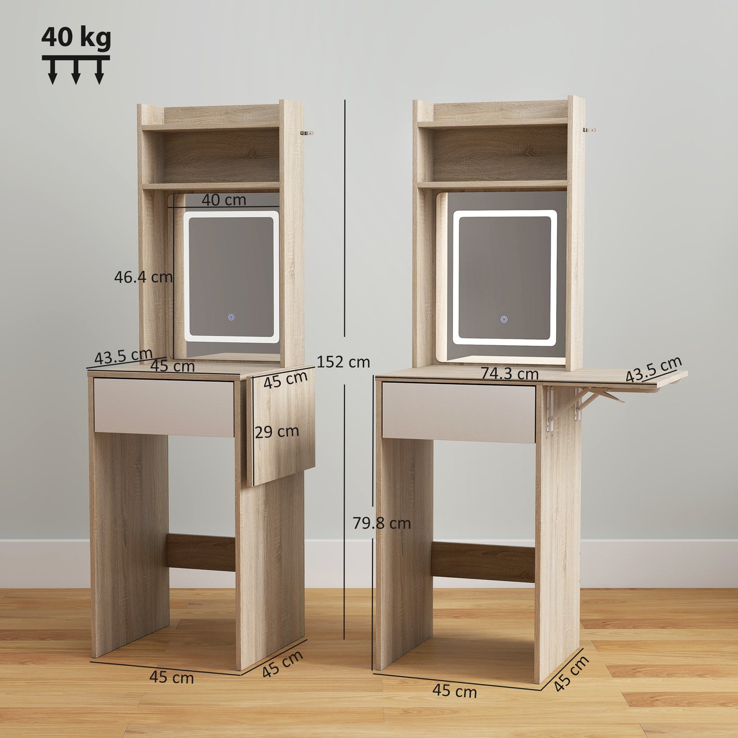 Small Vanity Desk with Mirror and LED Lights, Compact Dressing Table with Drop Leaf, Open Shelves, Natural Wood