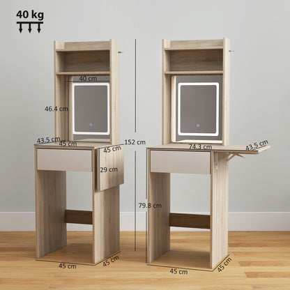 Small Vanity Desk with Mirror and LED Lights, Compact Dressing Table with Drop Leaf, Open Shelves, Natural Wood