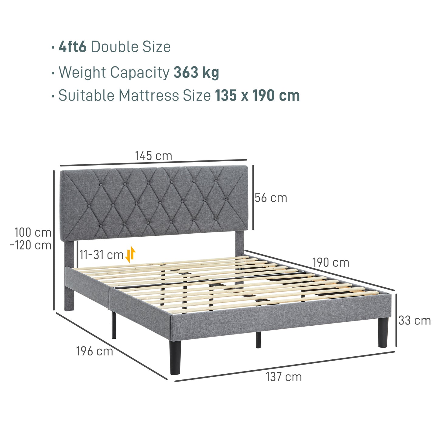 Double Bed Frame with 5-Level Adjustable Linen Upholstered Headboard 145W x 196D x 120Hcm, Grey