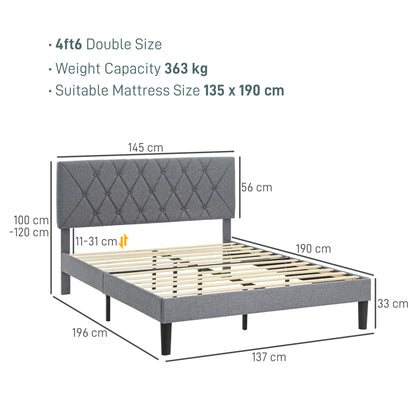 Double Bed Frame with 5-Level Adjustable Linen Upholstered Headboard 145W x 196D x 120Hcm, Grey