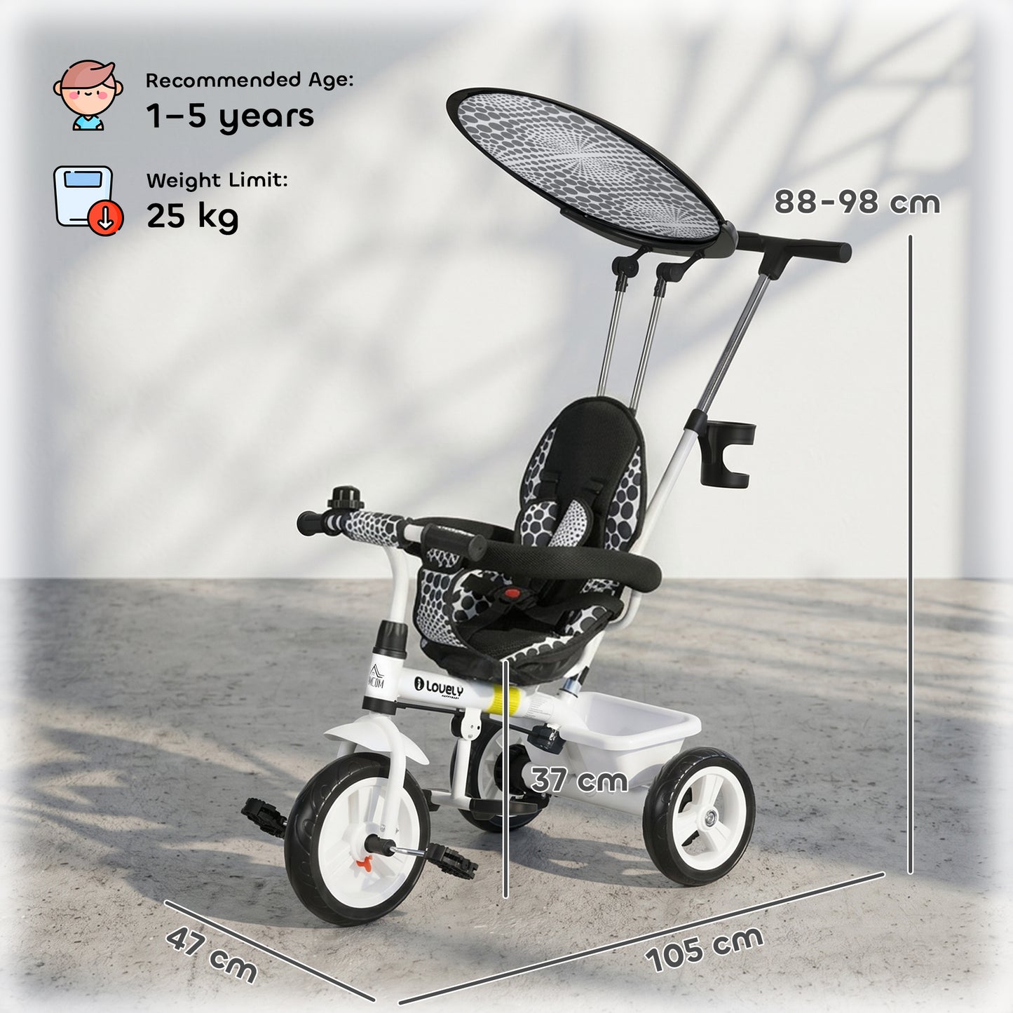 6 in 1 Tricycle for Kids with 5-point harness straps, Removable Canopy, White