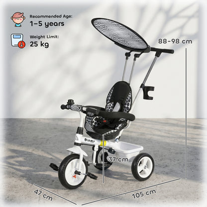 6 in 1 Tricycle for Kids with 5-point harness straps, Removable Canopy, White