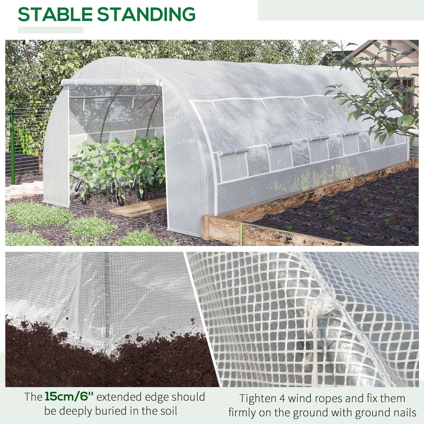 6 x 3 x 2 m Polytunnel Greenhouse with Roll-up Side Walls, Walk-in Grow House Tent with Steel Frame, Reinforced Cover