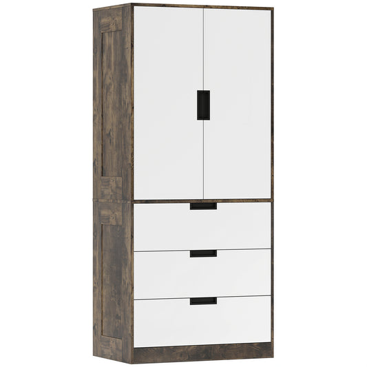 Modern Clothes Storage Cupboard Unit, 3 Drawer 2 Door Wardrobe with Hanging Rod, Rustic Brown