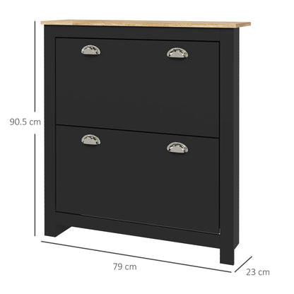 2 Drawer Shoe Cabinet Modern Narrow Shoe Cupboard Hallway Wooden Storage Organiser with Flip Doors Adjustable Shelf for 6-12
