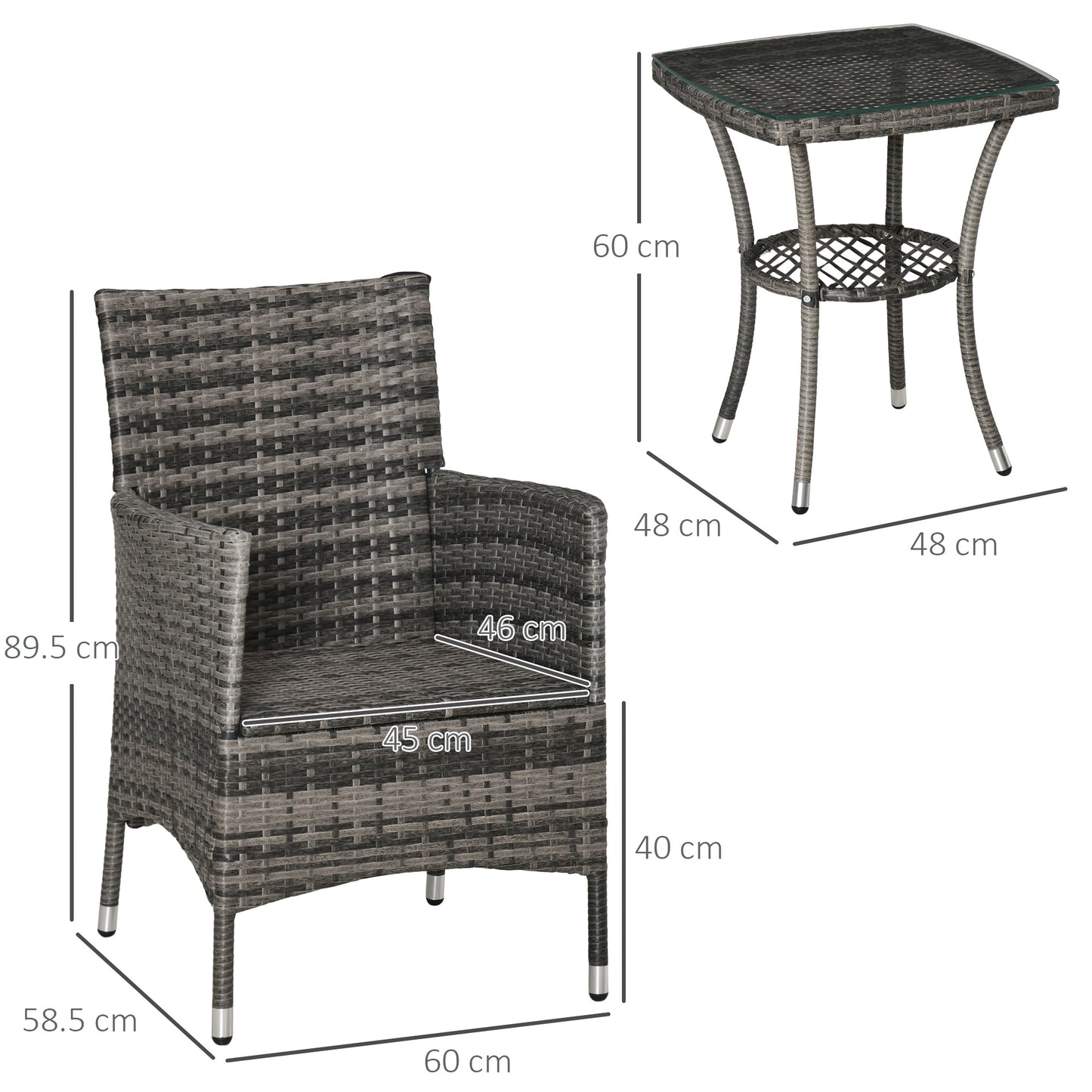 3 Pieces Rattan Bistro Set, Wicker Garden Furniture Set with 2-Tier Coffee Table and Chairs, Washable Cushions