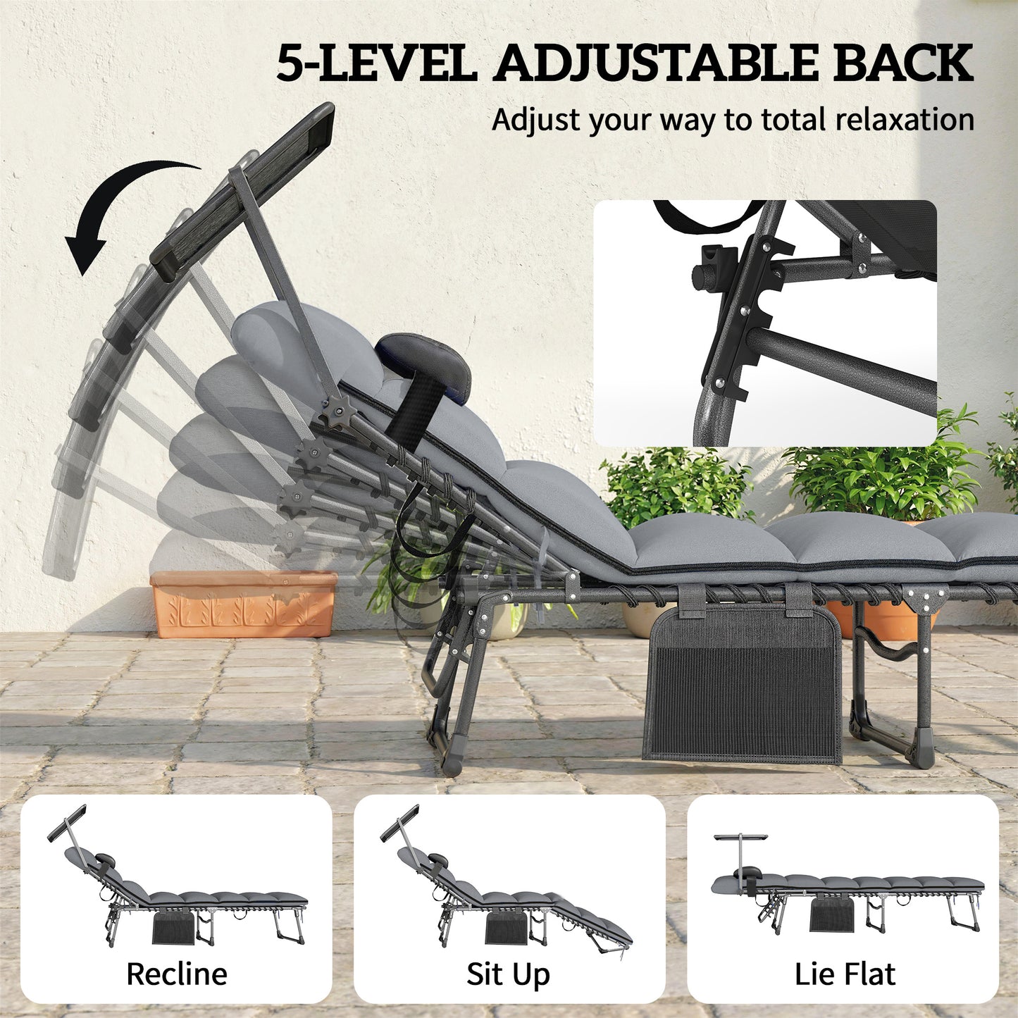 Folding Sun Loungers Set of 2 with Canopy, Reclining Sunbed with Cushion, Side Pocket, Carrying Handle, Light Grey